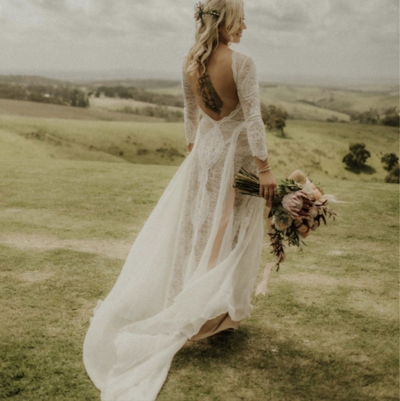 Grace Loves Lace Inca Lace Silk Wedding Dress Size Small Ivory/Nude and Tan - Picture 6 of 16